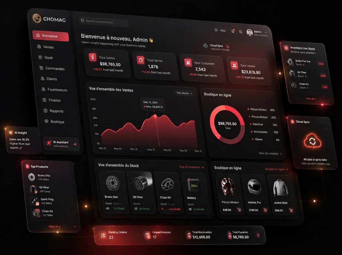 Interface CHOMAG pour les ventes, stocks, analyses et boutique